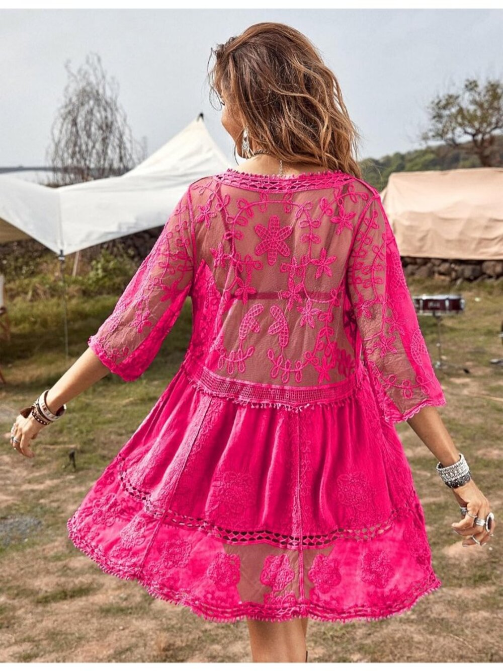 Women's Hot Pink Rayon V-Neck Coverup Mesh Lace Bathing Suit Swimsuit Coverup - Picture 2 of 6